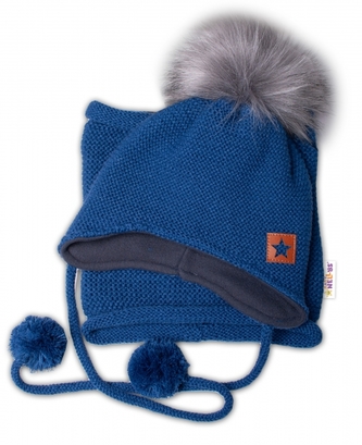 Zimní čepice s fleecem a chlupáčková bambule Star + komínek - granát, 98/104, BABY NELLYS; 98-104 (2-4r)