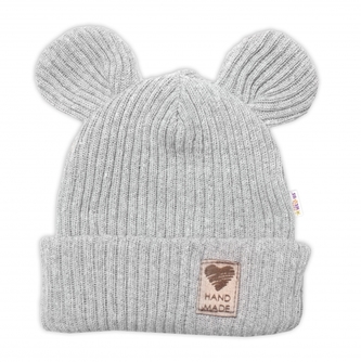 Pletená bavlněná čepice s oušky, dvouvrstvá, Hand Made Baby Nellys, šedá; 56/62 (0-3m)