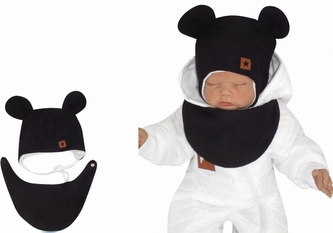 Z&Z Dvouvrstvá pletená čepice na zavazování s šátkem 2v1, Méďa - černá, vel. 86; 86 (12-18m)