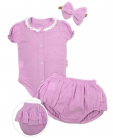 Baby Nellys 3-dílná mušelínová soupravička, body, kraťasky + čelenka GIRL, lila, vel. 74; 74 (6-9m)