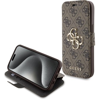 Guess PU 4G Metal Logo Book pouzdro iPhone 15 hnědé