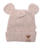 Pletená bavlněná čepice s oušky, dvouvrstvá, Hand Made Baby Nellys, béžová; 56/62 (0-3m)