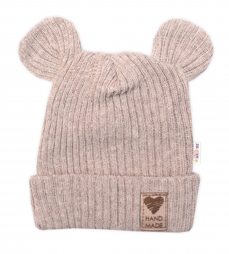 Pletená bavlněná čepice s oušky, dvouvrstvá, Hand Made Baby Nellys, béžová; 56/62 (0-3m)