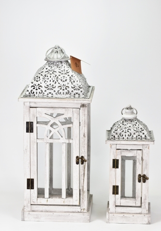 Dřevěná lucerna šedá s patinou, sada 2 ks