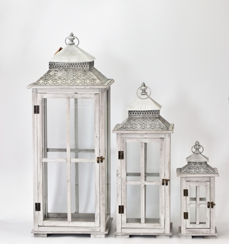 Dřevěná lucerna šedá s patinou, sada 3 ks