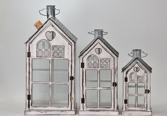 Dřevěná lucerna domek sada 3 ks, bílá s patinou