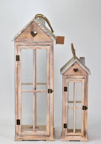 Dřevěná lucerna domek se srdíčkem, přírodní s patinou, sada 2 ks