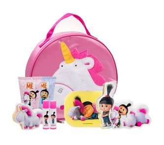 Minions Unicorns sprchový gel 2 v 1 50 ml + šampon 2 v 1 50 ml + balzám na rty 2 x 4,5 g + šumivé tablety do koupele 2 x 20 g + ručník 2 ks + mycí houba 1 ks + taška