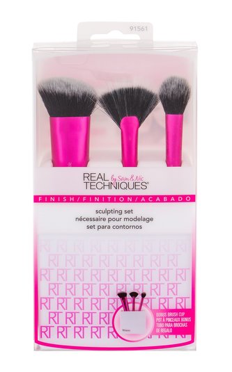 Real Techniques Brushes kosmetický štětec na konturování 1 ks + štětec na pudr 1 ks + vějířovitý štětec 1 ks + stojánek na štětce 1 ks
