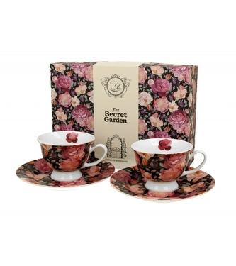 Porcelánový hrnek s podtalířkem Spring Roses Black 100 ml, sada 2 ks v dárkovém boxu