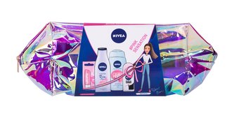 Nivea Clay Fresh sprchový gel 250 ml + tělové mléko Rose & Argan Oil 200 ml + balzám na rty Labello 4,8 g Pearly Shine + roll-on Black & White 50 ml + kosmetická taška