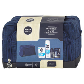 Nivea Men Sensitive balzám po holení 100 ml + gel na holení 200 ml + antipespirant roll-on Cool Kick 50 ml + balzám na rty Labello Active For Men 4,8 g + kosmetická taška
