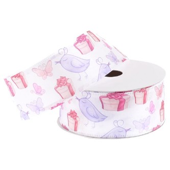 Stuha saténová 4 cm/5 m - potisk ptáčků