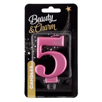 Svíčka dortová číslice 5 metalická, růžová 8 cm