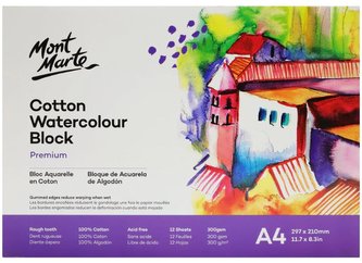 Mont Marte blok akvarelového papíru Premium, 100% bavlna, 300g/m2, A4, č.0131, 12 listů
