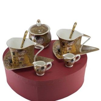 Sada - 2x tvarovaný šálek 250 ml s podšálkem a lžičkou, mléčenky a cukřenka - Klimt žlutý