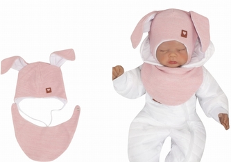 Z&Z Dvouvrstvá pletená čepice na zavazování s šátkem 2v1, Zajíček - růžová, vel. 80; 80 (9-12m)