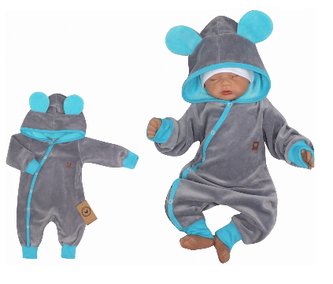 Z&Z Velurový kojenecký overálek s kapucí a oušky - tyrkysovo,šedý, vel. 80; 80 (9-12m)