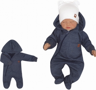 Z&Z Dětský teplákový overálek se šlapkama, kapucí a kapsičkou, jeans, vel. 68; 68 (3-6m)