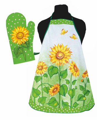 Zástěra kuchyňská nebo komplet, Slunečnice, zelená dvojkombinace