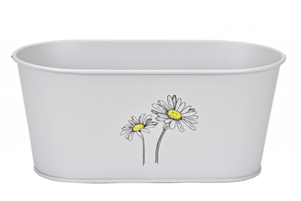 Plechový oválný květináč šedý s kopretinou 12,7x28,5x14,7 cm