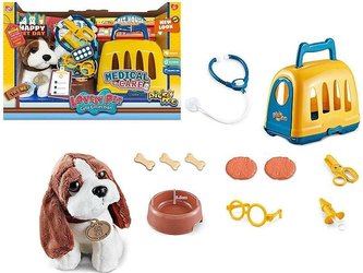 Piesek z klatką do przenoszenia