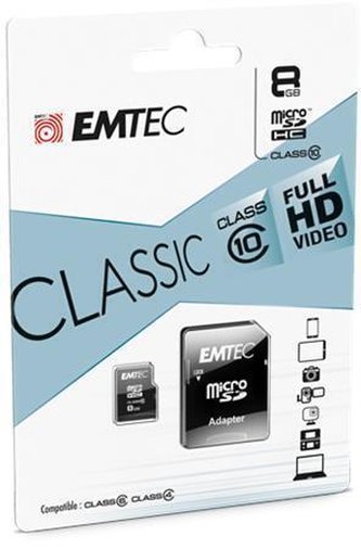Paměťová karta "Classic", microSD, 8GB, 20/12 MB/s, adaptér, EMTEC ECMSDM8GHC10CG