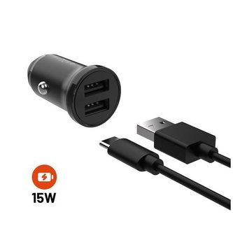 Set FIXED autonabíječky s 2xUSB výstupem a USB/USB-C kabelu, 1 metr, 15W Smart Rapid Charge, černá