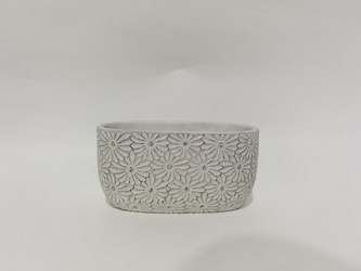 Cementový oválný květináč Flowers bílý 9,8x20x11 cm