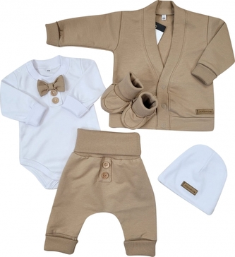 Bavlněná sada, body, kalhoty, motýlek a čepice Elegant Boy 5D, Kazum, mocca/bílá, vel. 74; 74 (6-9m)