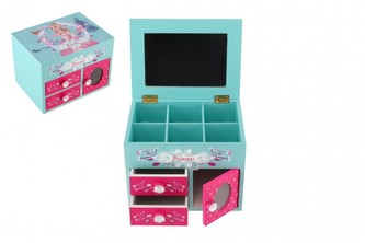 Skříňka šperkovnice Princess 3 zásuvky odklápěcí vrch se zrcátkem dřevo 16x12,5x12cm v krabici Skříňka šperkovnice Princess 3 zásuvky odklápěcí vrch se zrcátkem dřevo 16x12,5x12cm v krabici