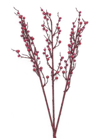 Větvička s bobulemi, červený glitter, 85 cm, 3ks