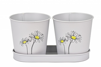 Plechový květináč šedý s kopretinou, sada 2 ks květináčků na tácku