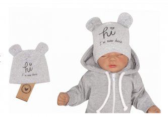 Z&Z Bavlněná čepička s oušky Hi I´m new here, šedá; 56/62 (0-3m)