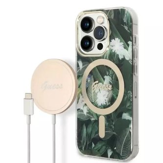 Zestaw Guess GUBPP14LHJEACSA Case Charger iPhone 14 Pro 6,1" zielony/zelené pevné pouzdro Jungle MagSafe