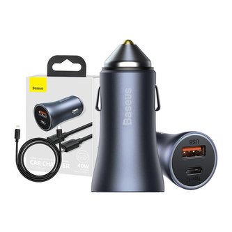Baseus Golden Contactor Pro nabíječka do auta, USB USB-C, QC4.0 , PD, SCP, 40W (tmavě šedá) s kabelem Type-C na iP 1m černý