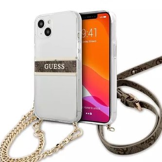 Guess GUHCP13SKC4GBGO iPhone 13 mini 5,4" průhledný pevný obal 4G hnědý řemínek zlatý řetízek