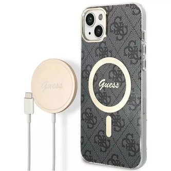 Zestaw Guess GUBPP14SH4EACSK nabíječka pouzdra iPhone 14 6,1" černé/černé pevné pouzdro 4G Print MagSafe