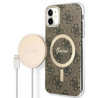 Guess Bundle Pack MagSafe 4G - sada pouzdra pro iPhone 11 + nabíječka MagSafe (hnědá/zlatá)