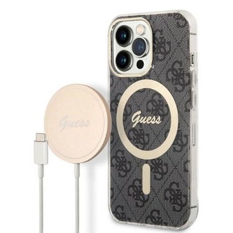 Guess Bundle Pack MagSafe 4G - sada pouzdra pro iPhone 13 Pro Max + nabíječka MagSafe (černá/zlatá)