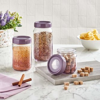 DÓZA S VÍČKEM A LŽIČKOU 425 ML, SKLO/PLAST,FIALOVÁ