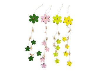 Závěs dřevo 75x75mm květiny mix, žlutá, zelená, růžová