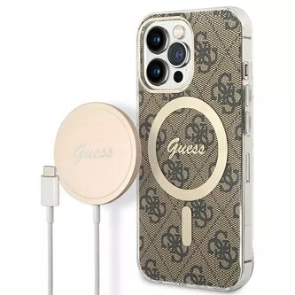 Nabíječka pouzdra Zestaw Guess GUBPP13XH4EACSW iPhone 13 Pro Max brązowy/hnědé pevné pouzdro 4G Print MagSafe