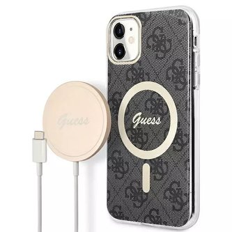 Zestaw Guess GUBPN61H4EACSK Case Charger iPhone 11 6,1" černé/černé pevné pouzdro 4G Print MagSafe