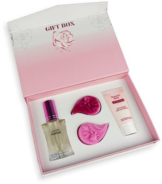 Biofresh Diamond Rose Dárková sada - kosmetika s bílou růží - Luxusní parfém 15 ml, Výživné sérum a glycerínové mýdla