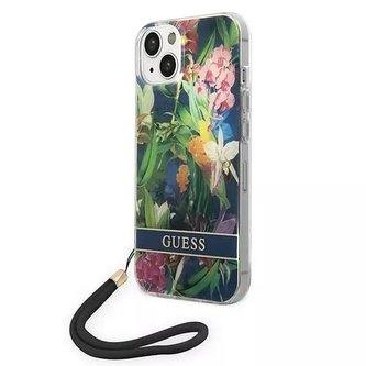 Etui Guess GUOHCP14SHFLSB do Apple iPhone 14 6,1" niebieski/modré pevné pouzdro Flower Strap
