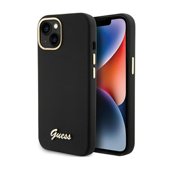 Guess Silicone Script Metal Logo & Frame - pouzdro pro iPhone 15 (černé)