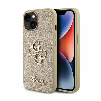 Guess Glitter Script Big 4G - pouzdro pro iPhone 15 Plus (zlaté)