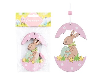 Závěs dřevo 2ks 70x110mm zajíček s vajíčkem uprostřed skořápky, přírodní, barevná