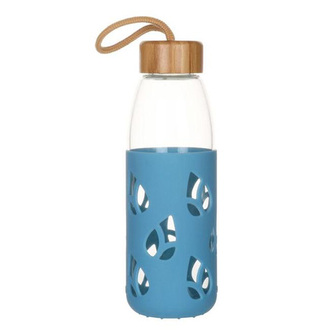 Láhev Pebbly, PKV-001, skleněná, 550 ml, modrý silikonový obal, bambusový uzávěr, 7 x 7 x 21 cm